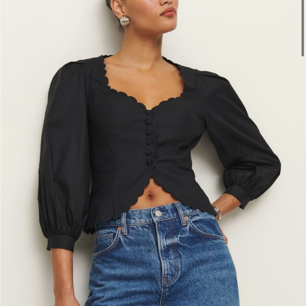 Reformation Elainna Black Scalloped-Trim Button-Front Blouse